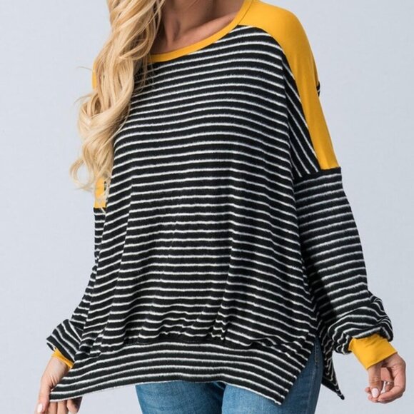 Striped Long Sleeve Top Color Block Pullover Crew Neck - Picture 4 of 5